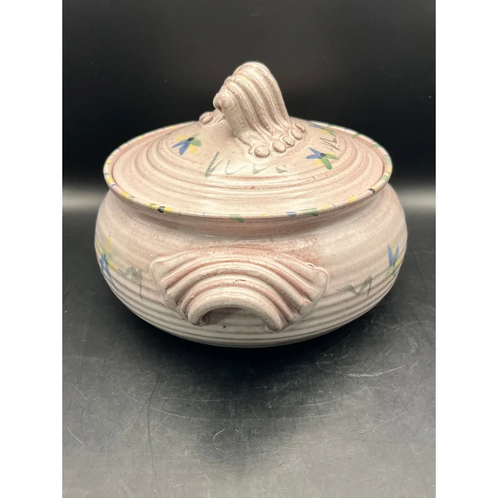 Vtg. Clay Pottery Studio Art Casserole Dish w/‎ Lid Hand Painted 11x9x6
